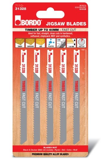 BORDO JIG SAW HCS UNIV. SHNK FAST CUT 100MM TIMBER 5 PK 